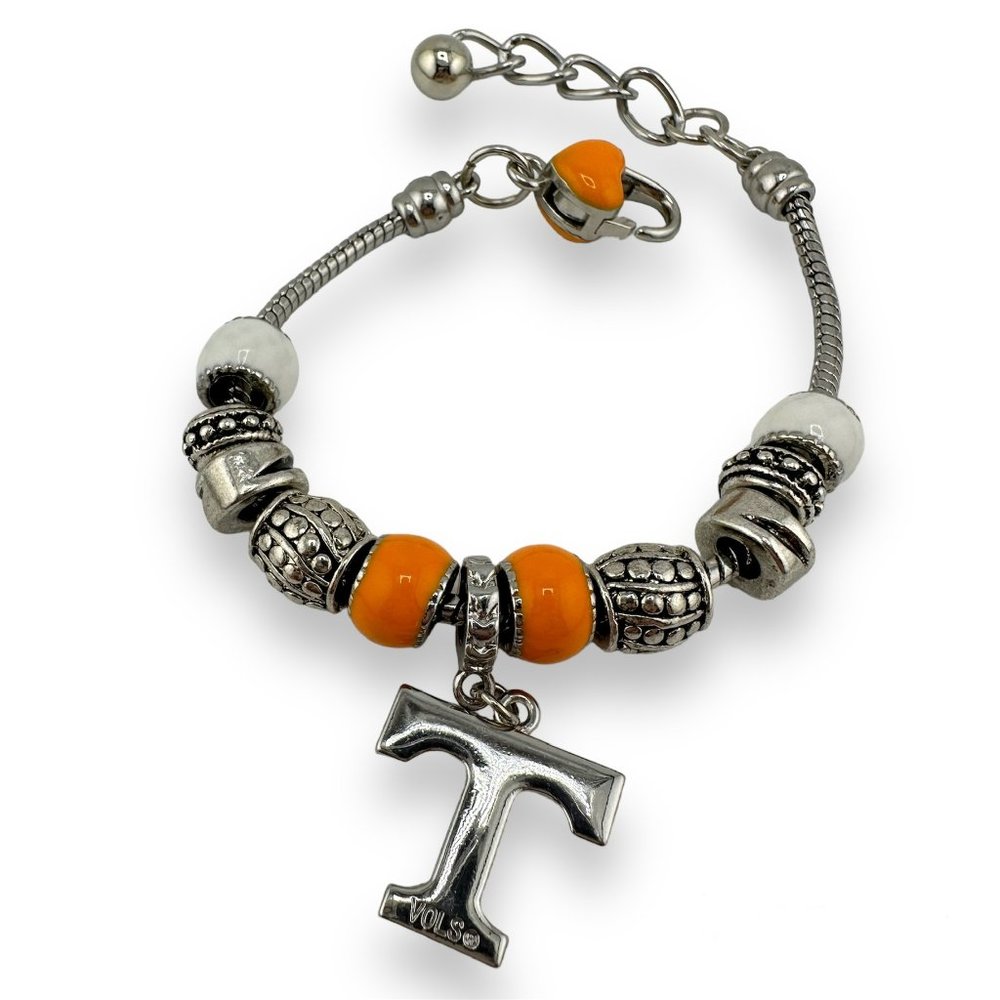 Tennessee Volunteers Charm Bracelet Silver-tone w/ 11 Beads Orange White 9" L